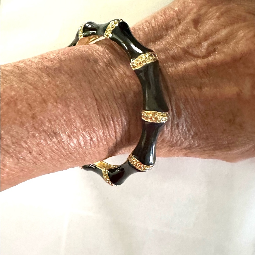 Kenneth Jay Lane Gold Plated Black Enamel Bamboo Bangle Bracelet Vintage - Picture 3 of 9